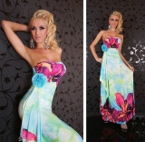 Floral Print Strapless Sky Blue Maxi Boho Hippie L5059-1