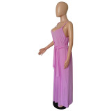 Womens Spaghetti Strap Pocket Maxi Dress with Belt