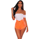 Neon Denim Ripped High Waist Frayed Hem Shorts