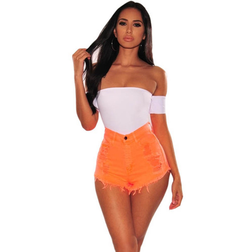 Neon Denim Ripped High Waist Frayed Hem Shorts