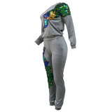 Cute Women Peacock Sequined 2 Piece Jogger Pants Set