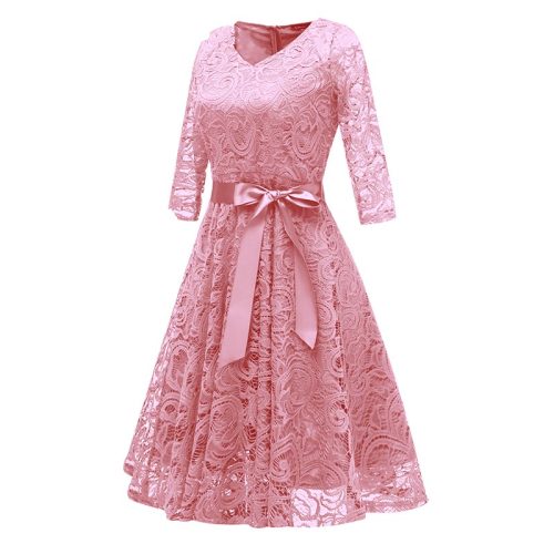 V-Neck Lace Three Quarter Sleeve A-Line Dress