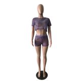 Round Neck See-Through Two-piece Shorts Set
