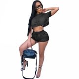 Round Neck See-Through Two-piece Shorts Set