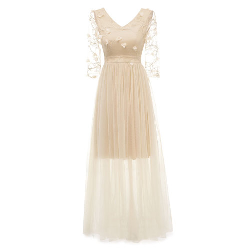 V-neck Lace Embroidered Flower Bridesmaid Dress