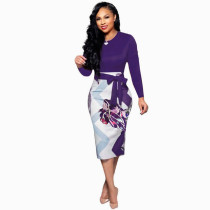 Women Printed Patchwork Belted Midi Work Office Party Pencil Dress