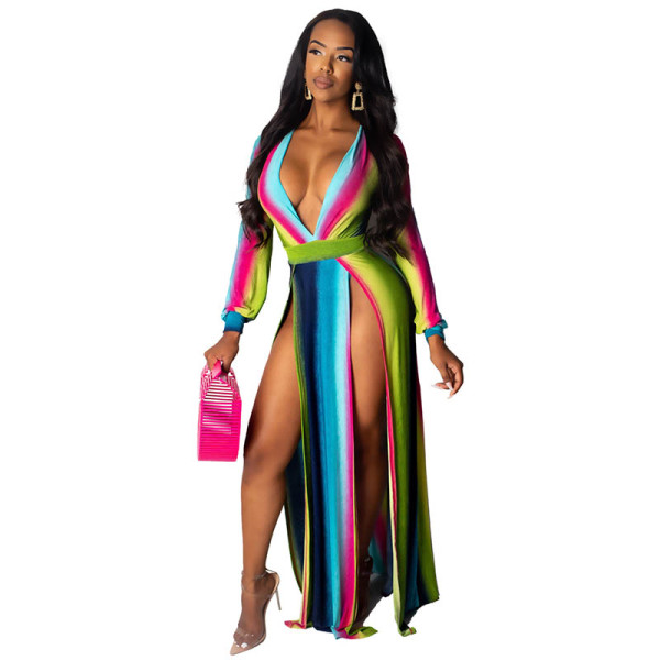 Sexy V-neck Gradient Maxi Split Dress