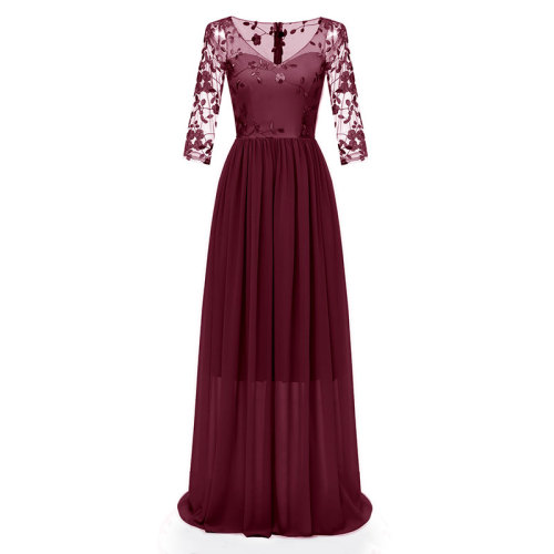 V-neck Lace Embroidered Flower Bridesmaid Dress