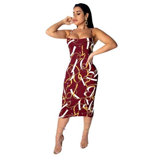 Temperament Straps Printed Mid Calf Dress