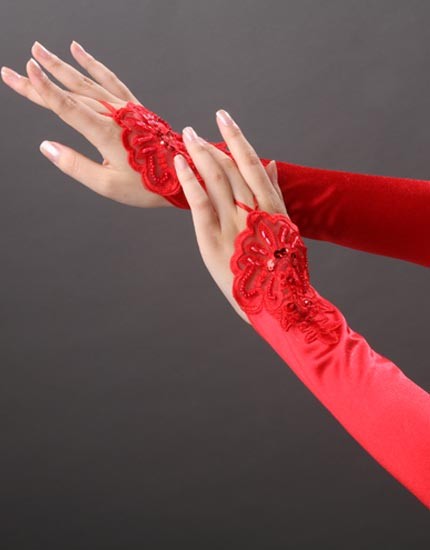 Red Beaded Satin Gloves TY022-1