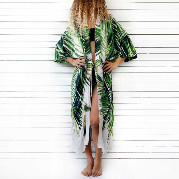 Green Leaf Print Long Beach Kimono Robe
