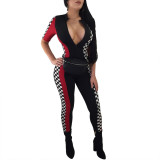 Zipped-Up Block Color Plaid Sportive Jumpsuit