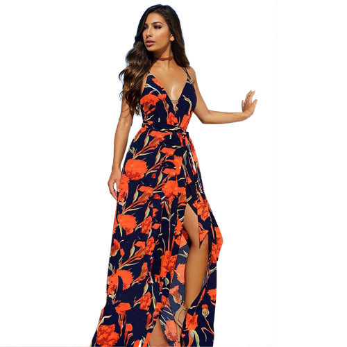 Flowers Cross Back Zipper Spaghetti Strap Beach Cute Maxi Dress