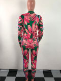 Casual Floral Print Skyblue Two-piece Pants Set
