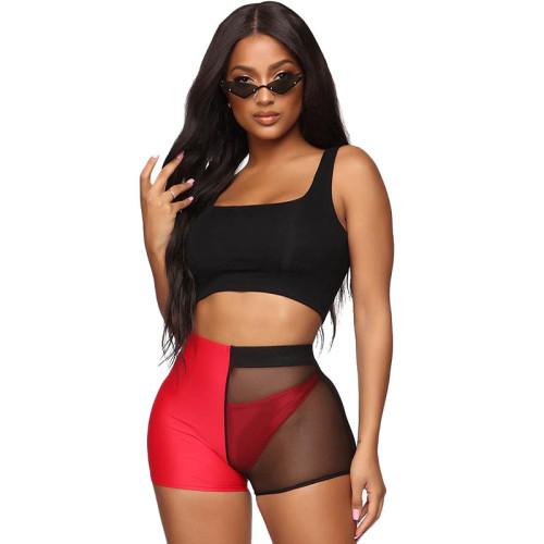 Casual Mesh Vest Top and Shorts Three-piece Set with Panties