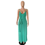 Womens Spaghetti Strap Pocket Maxi Dress with Belt
