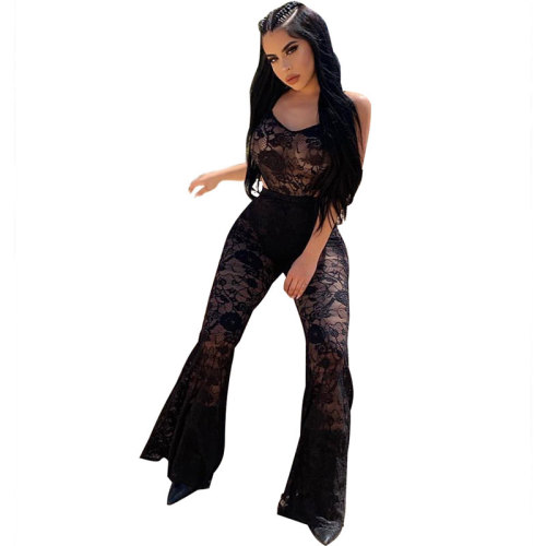 Lace Straps See Through Jumpsuit with Wide Leg