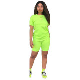 Solid Color Short Sleeve Two Piece Shorts Set