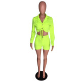Soild Color Turn-down Neck Two Piece Set