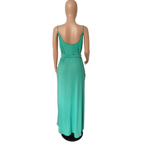 Womens Spaghetti Strap Pocket Maxi Dress with Belt