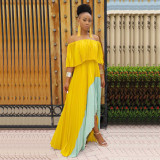 Yellow Casual Chiffon Splicing Lined Maxi Dress