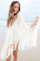 White Knit Fringed Poncho Beachwear L38235-2