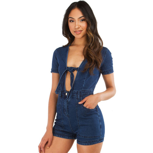 Sexy V Neck Blue Denim One-piece Romper