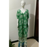 Printed Flower V Collar Cotton Beach Dress