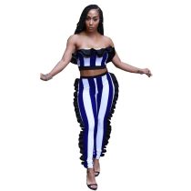 Nifty Bateau Neck Ruffle Design Striped Two-Piece Pants Set