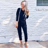 Lace-up Black Cotton Blends One-piece Jumpsuit