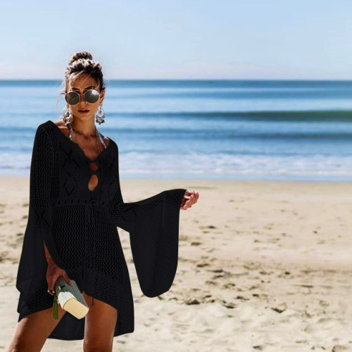 Hollow Out Knit Flared Sleeve Beach Blouse