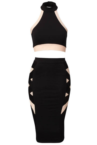 Black Two Tone 2-piece Crop Top Midi Skirt SetL 2754