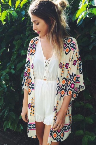Trendy Geometry Print Beach Kimono L38245