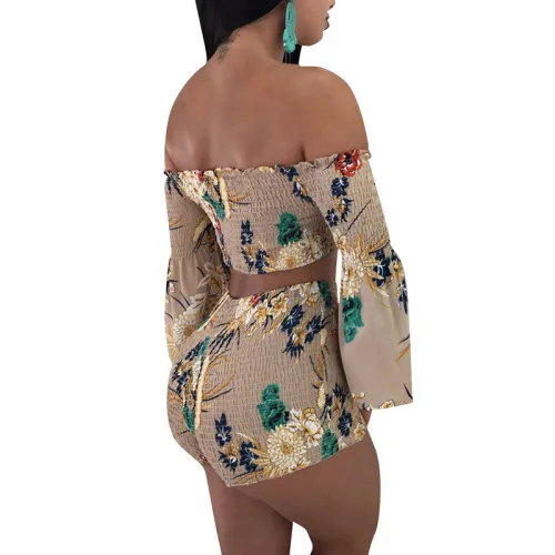 Off The Shoulder Flare Sleeves Printed Two Pieces Suit