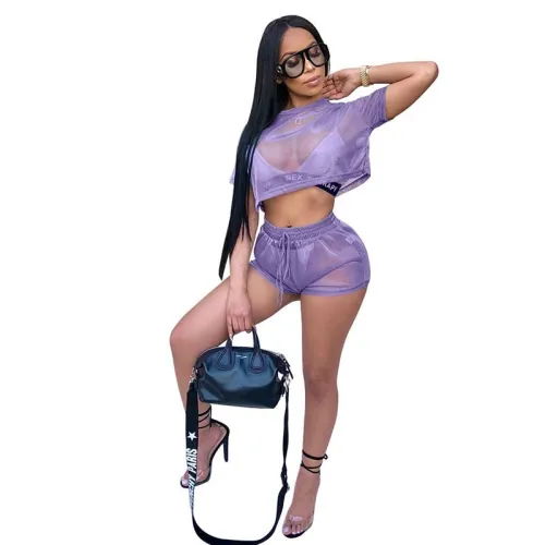 Round Neck See-Through Two-piece Shorts Set
