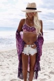 Purple Chiffon Tassel Printed Beach Blouse L38422