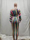Striped Print Long Sleeve Off Shoulder Crop Top Tights Two Piece Set