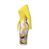 Women Printed Patchwork Belted Midi Work Office Party Pencil Dress
