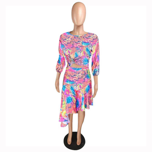 Casual Print Irregular Skirt Set