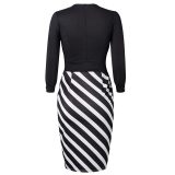 Striped Splice Wrist Sleeve Office Lady Midi Dress