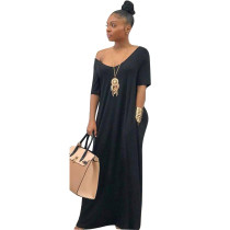 Solid Color Loose Shoulder Short Sleeve Long Dress with Pocket