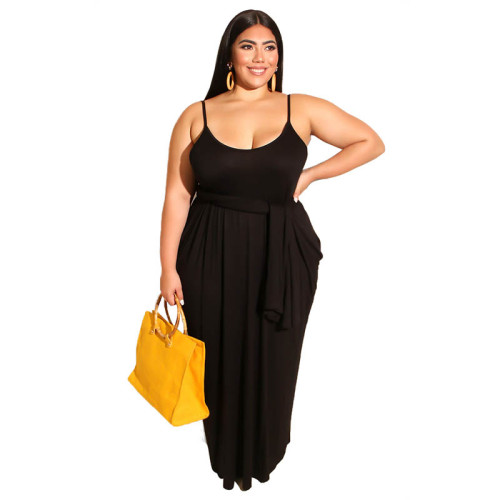 Womens Spaghetti Strap Pocket Maxi Dress with Belt