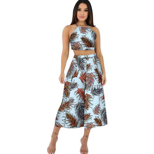 Sexy Women Lace Up Print Backless Top And Wide Leg Pants