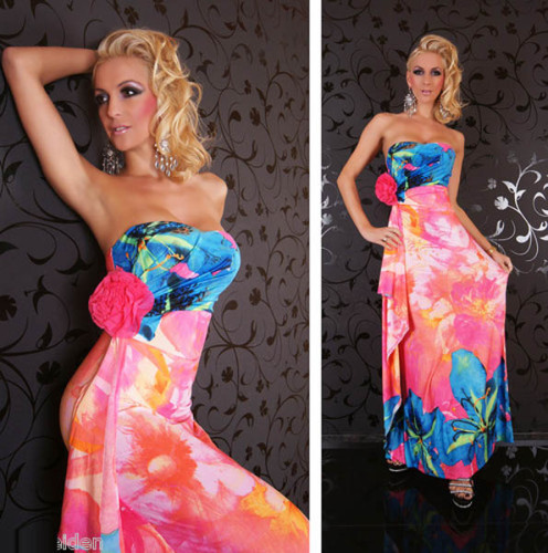 Floral Print Strapless Hot Pink Maxi Boho Hippie L5059-2