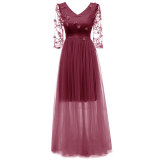 V-neck Lace Embroidered Flower Bridesmaid Dress