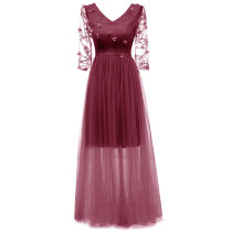 V-neck Lace Embroidered Flower Bridesmaid Dress