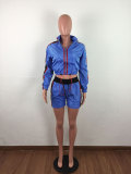 Casual Zipper Stripe Stitching Sport Shorts Set