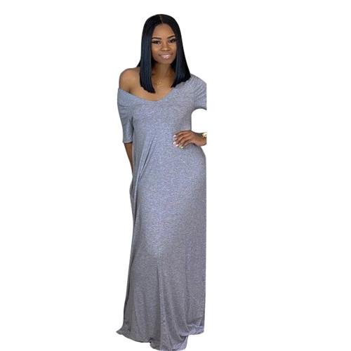Solid Color Loose Shoulder Short Sleeve Long Dress with Pocket