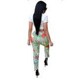 Euramerican Round Neck Striped Floral Printed Two-Piece Pants Set