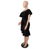 Stylish Off the Shoulder Ruffle Design Knee Length Dress